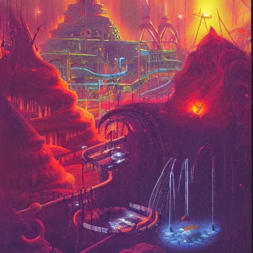 Prompt: a large water park in hell by paul lehr and moebius