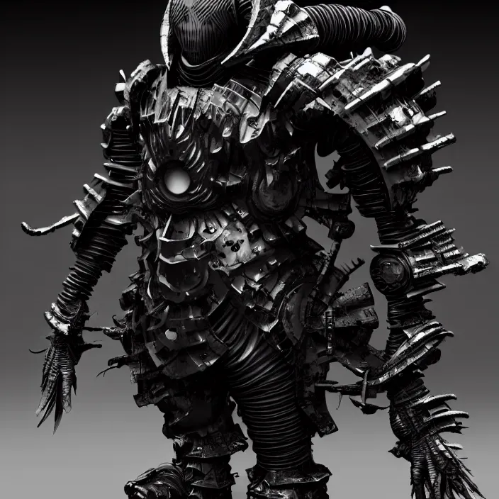 Prompt: a character in a planet by nihei tsutomu, dramatic black and white, steampunk obsidian dark black armor, highly detailed, 3 d render, vray, octane, realistic lighting