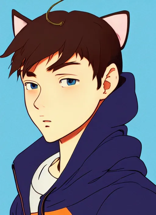 Image similar to teen boy with brown hair and big blue eyes, wearing a black hoodie with cat ears on top of it, natural lighting, path traced, highly detailed, high quality, cartoon, digital painting, by don bluth and ross tran and studio ghibli and alphonse mucha