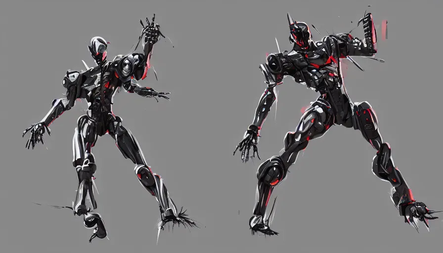 Image similar to concept art of killer robot in dynamic pose by jama jurabaev, trending on artstation, high quality, brush stroke, for aaa game
