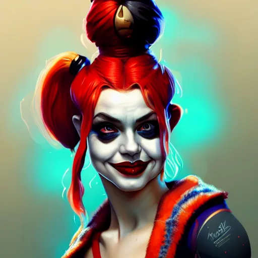 Image similar to Character Portrait of Harley Quinn, face, fantasy, intricate, elegant, highly detailed, digital painting, artstation, concept art, smooth, sharp focus, illustration, art by Cynthia Shephard and Fernanda Suarez and Artem Demura and alphonse mucha