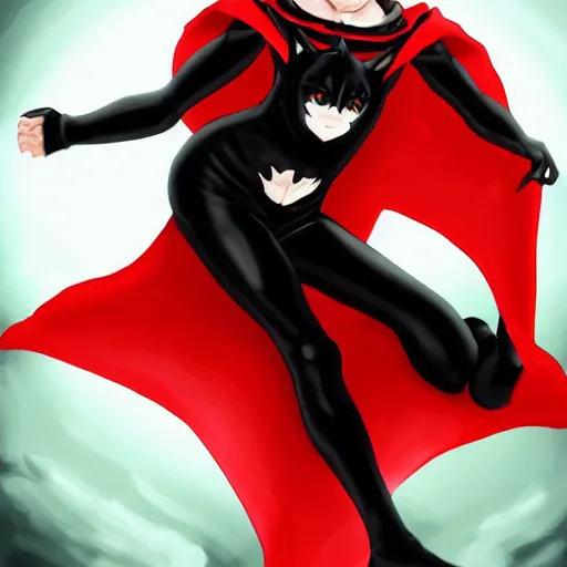 Prompt: little boy with cat ears in an black latex suit with red cape. digital artwork made by lois van baarle and kentaro miura, sharpness focus, inspired by hirohiko araki, anatomically correct, heroic composition, hero pose, mobile wallpaper