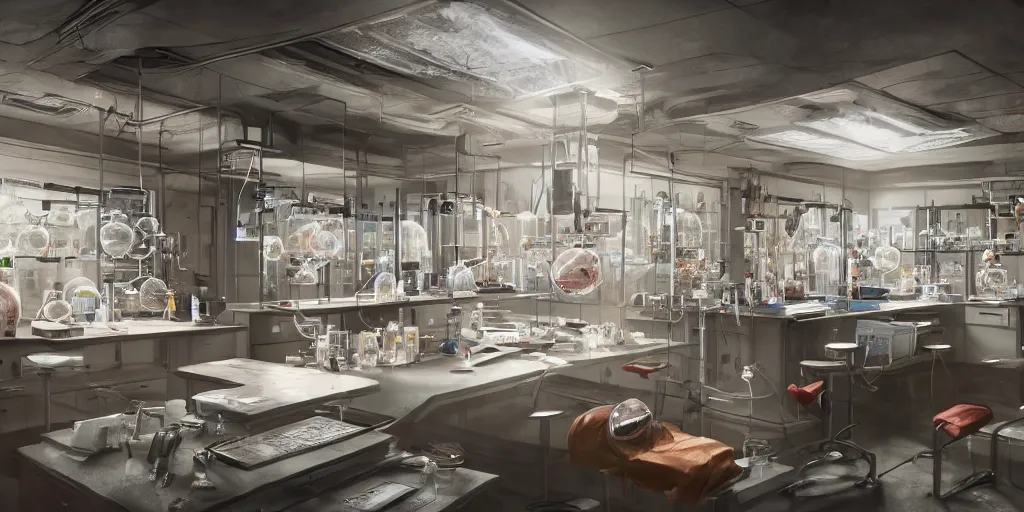 Image similar to an extremely detailed render of bio laboratory, trending on Artstation, 8k, photorealistic, hyper detailed, unreal engine 5, cinematic, epic lighting