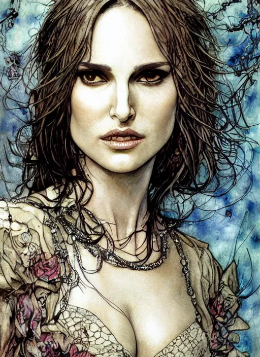 Image similar to realistic detailed painting of Natalie Portman by yoshitaka amano david mack and rebecca guay and arthur rackham and james jean, Neo-Gothic, gothic, rich deep colors