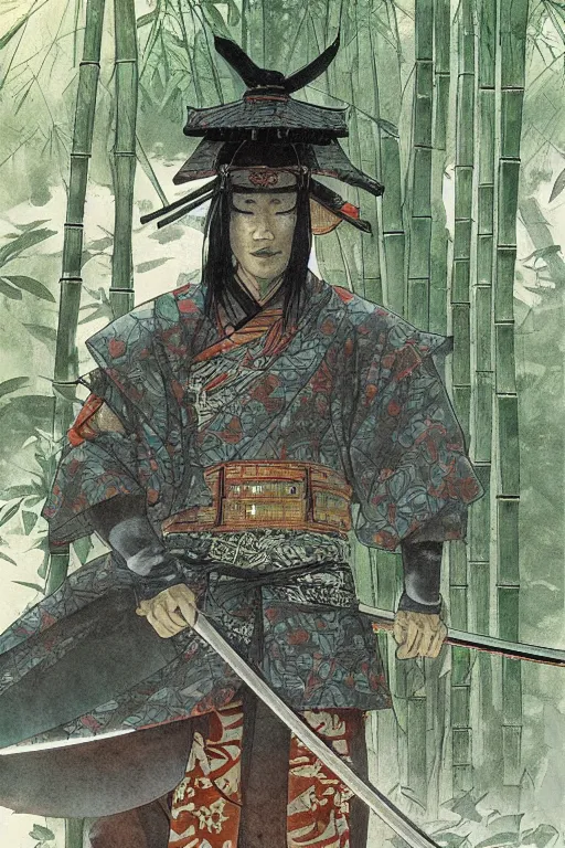 Image similar to samurai general in dark japanese bamboo forest with light shafts, by travis charest, jesper ejsing