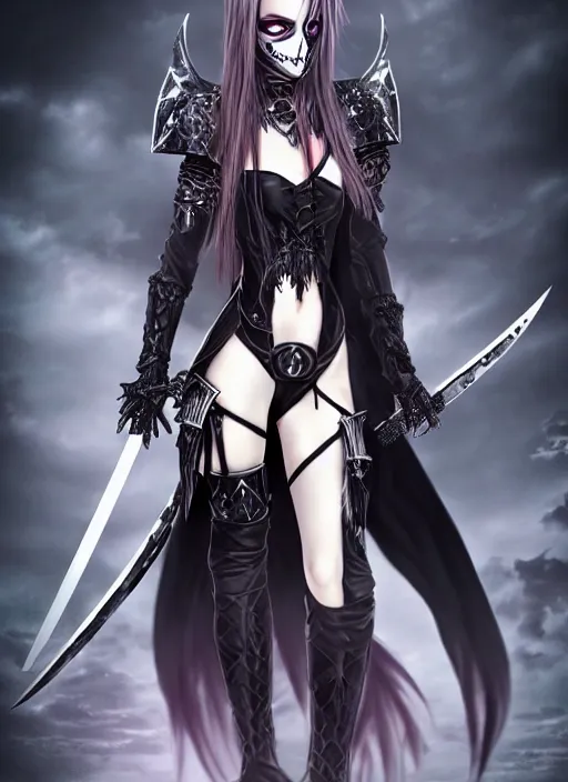 Prompt: full portrait, female vampire knight in black heavy armor, metal mask, tall gladiator sandals, barefoot, little skin shown, enchanting, mysterious, elegant, ghostblade, wlop, good lighting, realistic proportions, reasonable fantasy