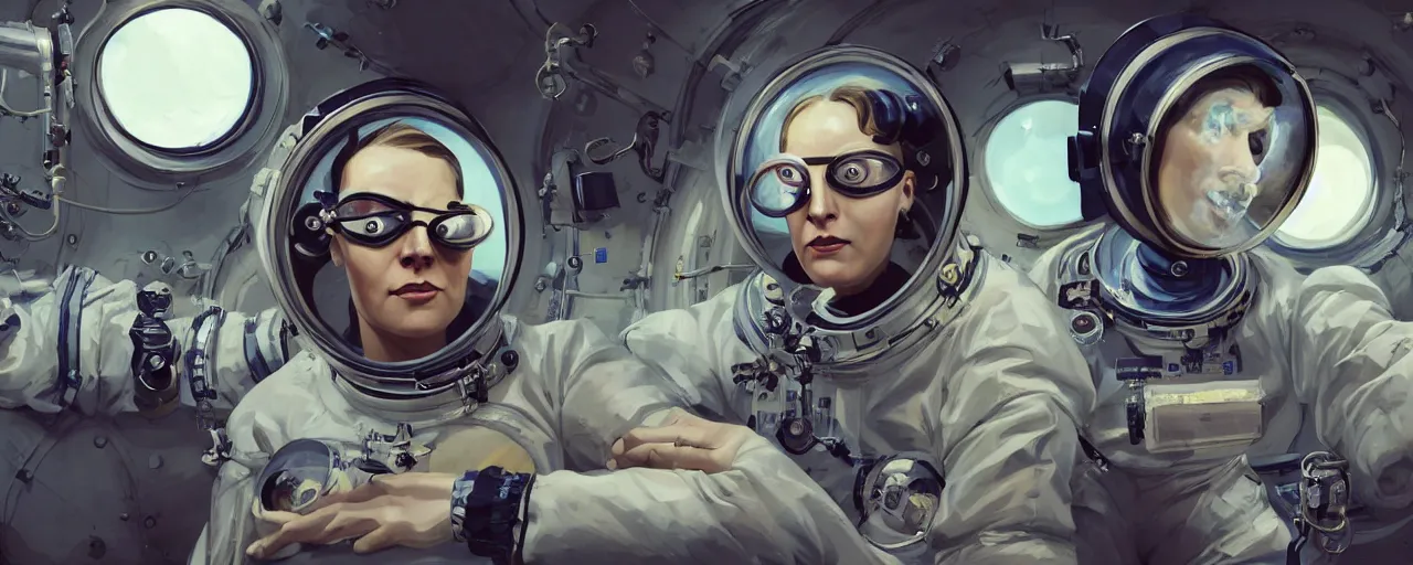 Image similar to illustration 3 / 4 portrait of stoic heroic emotionless butch blonde woman engineer with short slicked - back hair, wearing victorian goggles, working in zero gravity on space station, awkward and uncomfortable and anxious, dirty, dynamic composition by sergey kolesov. industrial space program, scifi, hyper detailed. octane render. concept art. trending on artstation