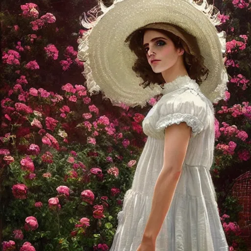 Prompt: on textured canvas full body fashion model emma watson by Winslow Homer smokey eyes makeup eye shadow fantasy, glow, shimmer as victorian woman in a long white frilly lace dress and a large white hat having tea in a sunroom filled with flowers, roses and lush fern flowers ,intricate, night, highly detailed, dramatic lighting , high quality