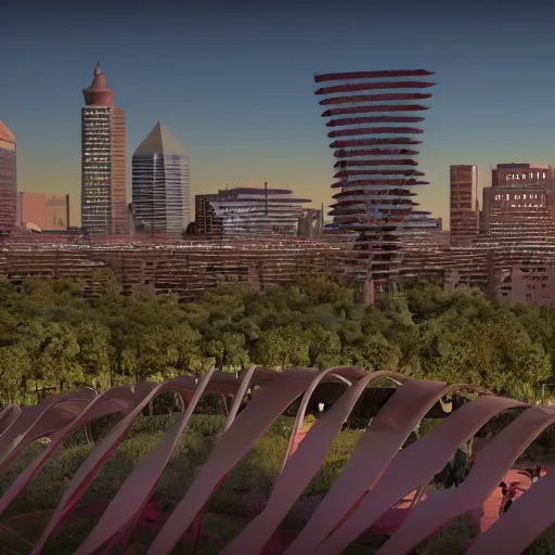 Image similar to a gigantic version of spoonbridge and cherry 100 stories 1000 meters high in front of a busy downtown skyline render maya unreal 4k