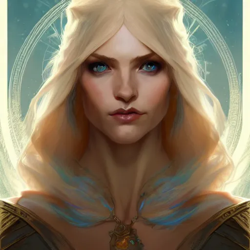 Image similar to half elf sorceress, D&D, blue eyes, blonde hair, fantasy, intricate, elegant, highly detailed, digital painting, artstation, concept art, smooth, sharp focus, illustration, art by artgerm and greg rutkowski and alphonse mucha