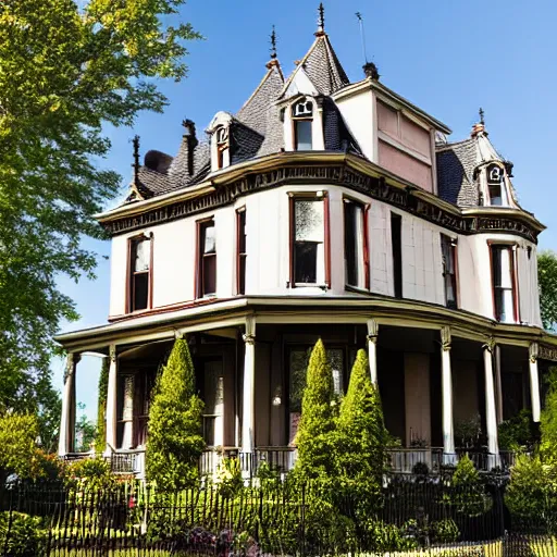 Prompt: beautiful victorian house, queen anne, mansard roof, turrets, photography, awarding winning, high quality, high resolution