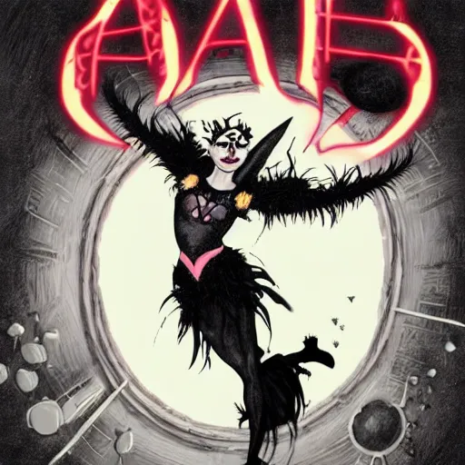 Image similar to Anna Pavlova as dark fae gothic atompunk evil Disney villain queen with black feather hair, feathers growing out of skin, in front of space station window, Mike mignola, trending on artstation, comic book cover, illustration