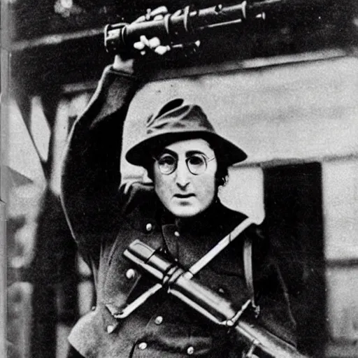 Image similar to old wartime photograph of john lennon holding a lewis gun, 1 9 1 7