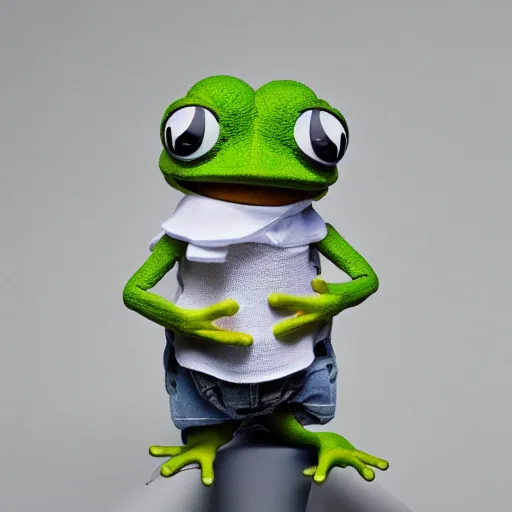 Image similar to pepe the frog as a muppet, product photography, commercial lighting