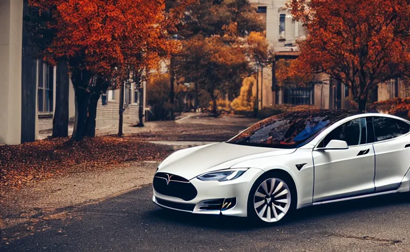 Prompt: new tesla model s on an autumn street by unsplash