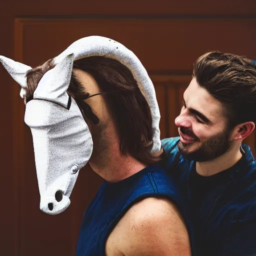 Image similar to man wearing horse head mask on shoulder of man