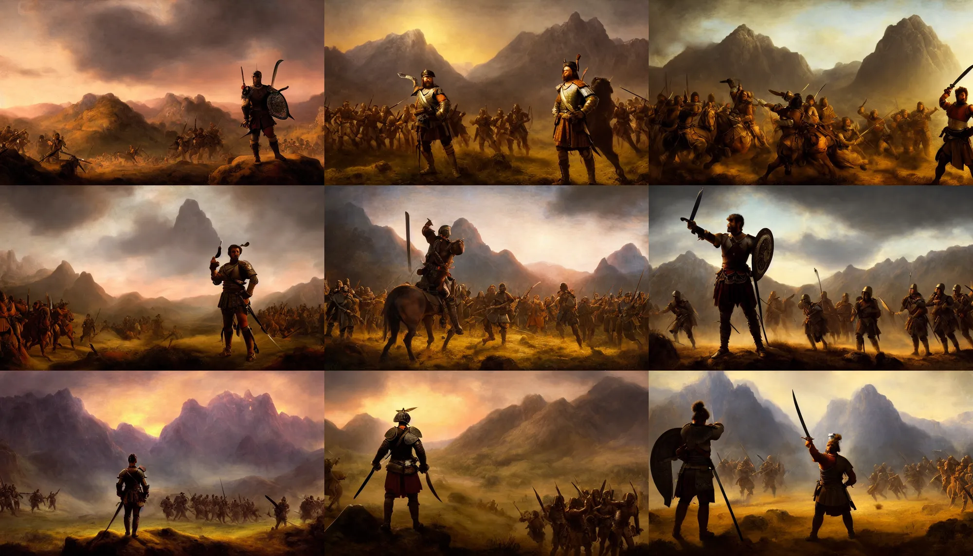 Prompt: cinematic artwork mid shot of a warrior with short brown hair standing on a battlefield in front of his army, holding onto his sword, mountains behind him, dusk, artwork by Greg Rutowski and Rembrandt, masterpiece, 4k