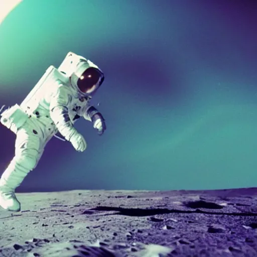 Image similar to a still cut of an astronaut moonwalk dancing on the moon's surface, kpop style colors, smokey background