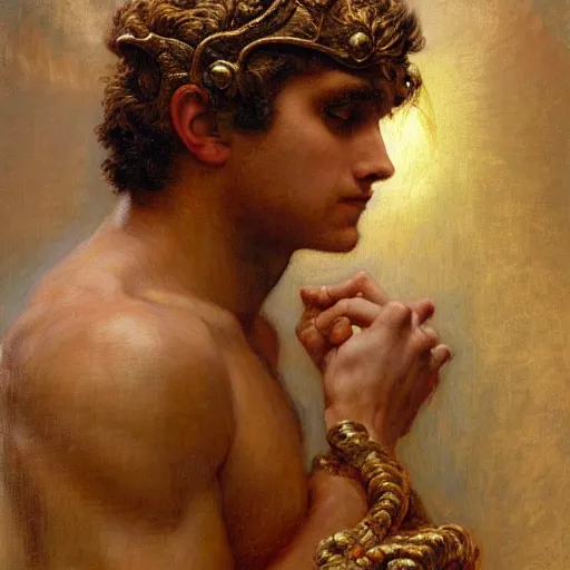 Prompt: highly detailed potrait of anxiety as greek god, painting by gaston bussiere, craig mullins, j. c. leyendecker, lights, art by ernst haeckel, john william godward, hammershøi,,