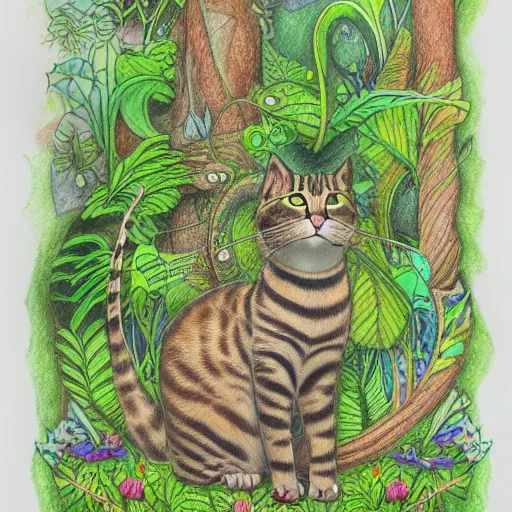 Image similar to Accurate and realistic representation of a cat in a magical dense, lush forest filled with wisdom, love, and courage.. Epic composition. Harmonic colored disposition, expertly blended and shaded. HD. 8k. 4.k HQ. UHD . Colored pencils and color inks on two joined sheets of paper