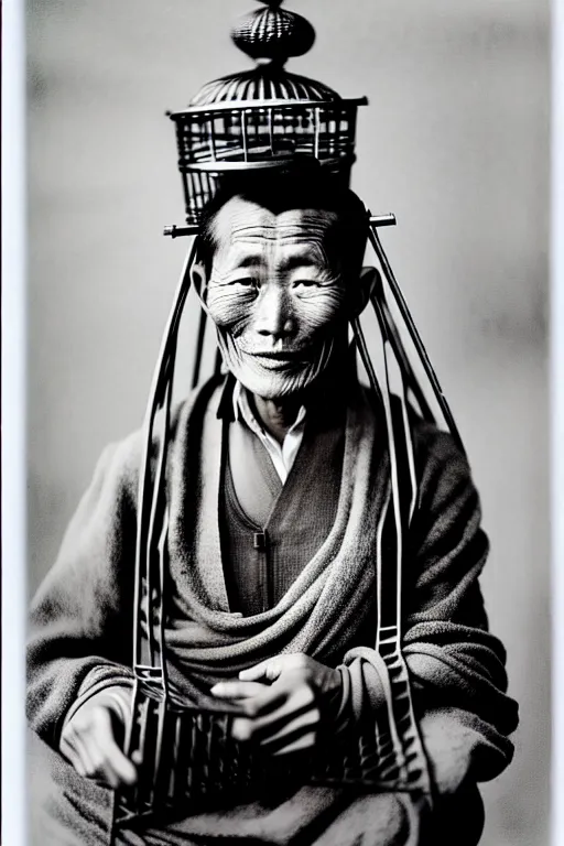 Image similar to ultra realistic vintage photo portrait of a tibetan man with a birdcage in the chest, by Annie Leibovitz,