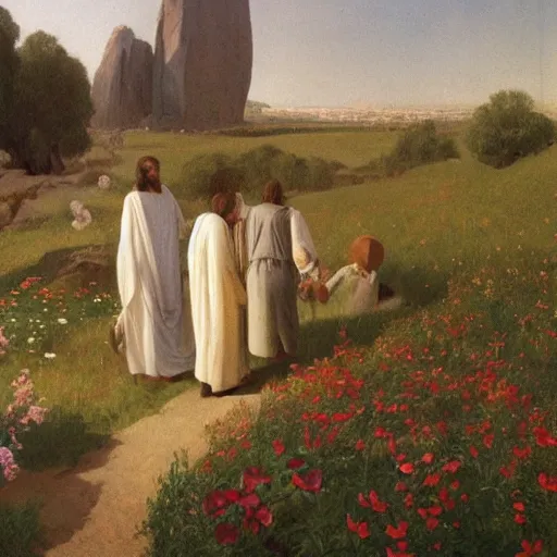 Prompt: A painting depicting the resurrection of Jesus Christ, (Jean Jules Linden), Peter Ilsted, ((flowers)), ((monolith))