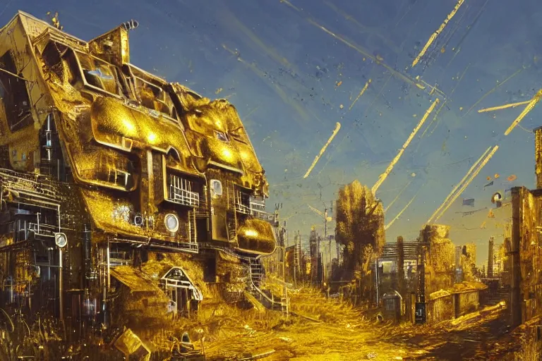 Image similar to cyberpunk, an estate agent listing external photo of a golden 5 bedroom detached house, made of gold, metal, golden, sparkling, in the countryside, sunny day, clear skies, by Paul Lehr