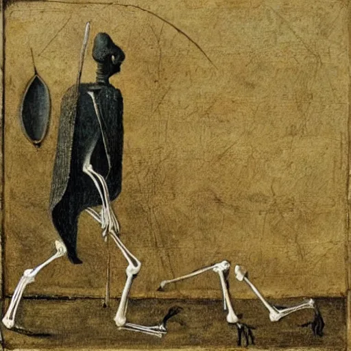 Image similar to a skeleton walking towards a man who is lying on a bed, in the style of Hieronymus Bosch.