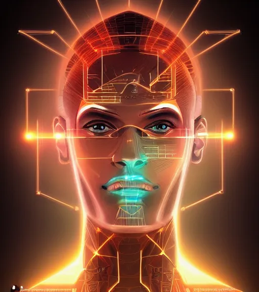 Image similar to symmetry!! egyptian prince of technology, solid cube of light, hard edges, product render retro - futuristic poster scifi, lasers and neon circuits, brown skin man egyptian prince, intricate, elegant, highly detailed, digital painting, artstation, concept art, smooth, sharp focus, illustration, dreamlike, art by artgerm