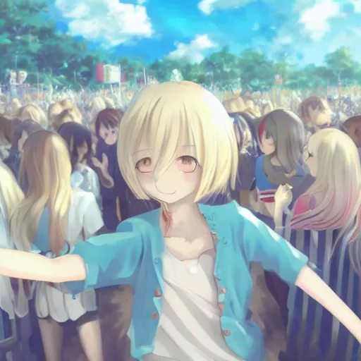 Image similar to a very beautiful anime girl, full body, long wavy blond hair, sky blue eyes, full round face, short smile, cute top, miniskirt, surround by a miniature crowd of people,wallpaper by wlop