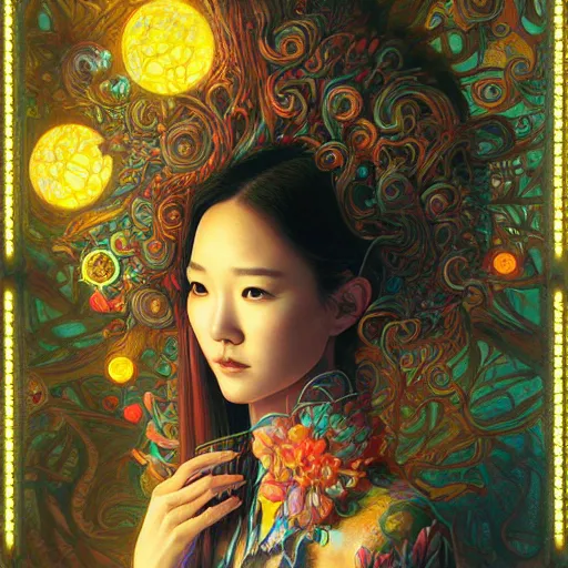 Image similar to portrait of park min young, hyper detailed masterpiece, neon floral pattern, jean giraud, digital art painting, darkwave goth aesthetic, psychedelic, artgerm, donato giancola and tom bagshaw