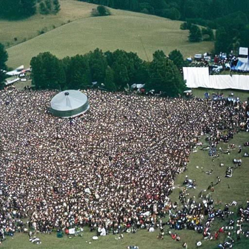Prompt: professional aerial photograph of within temptation at Woodstock 1988