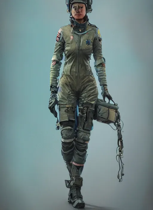 Image similar to detailed full body concept art illustration pastel painting of a female pilot in intricate clothing, digital art, octane render, 4k, dystopian world