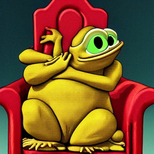 Prompt: pepe the frog sitting on a red and gold throne, beautiful, 4 k, artstation, detailed