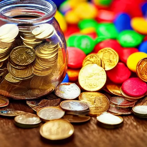 Image similar to piggy bank bursting open with a money explosion, gold bars and coins bursting in every direction, piggy bank sitting on a table, skittles falling off the table, unicorn flying in the background