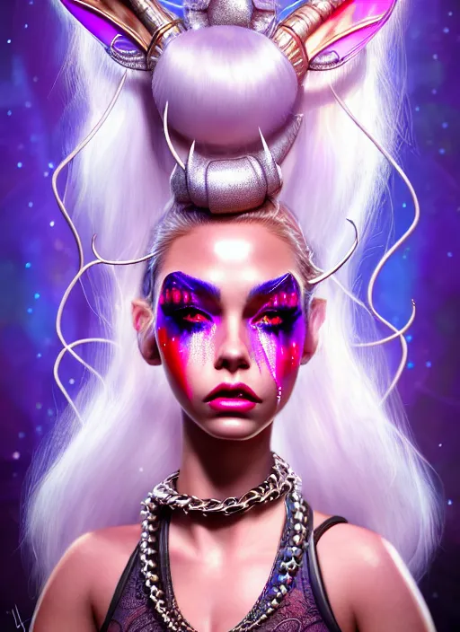 Image similar to disney weta portrait, beautiful gloss porcelain white edm raver clowncore pearl chain horned angel madison beer cyborg woman, bling, sci - fi, fantasy, cyberpunk, intricate, decadent, highly detailed, digital painting, ever after high, octane render, artstation, concept art, smooth, sharp focus, illustration, art by artgerm, loish, wlop