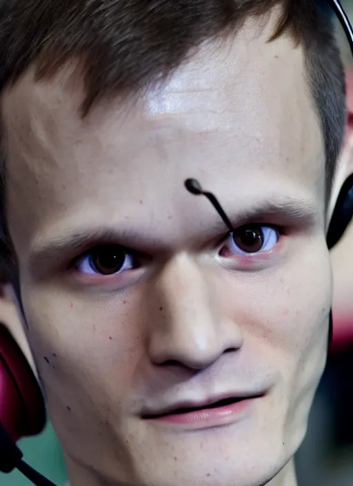 Image similar to perfect symmetric face, coherent eyes. vitalik buterin in headphones. vitalik buterin, close up, high detail, very sharp, 4 k, hayao miyazaki