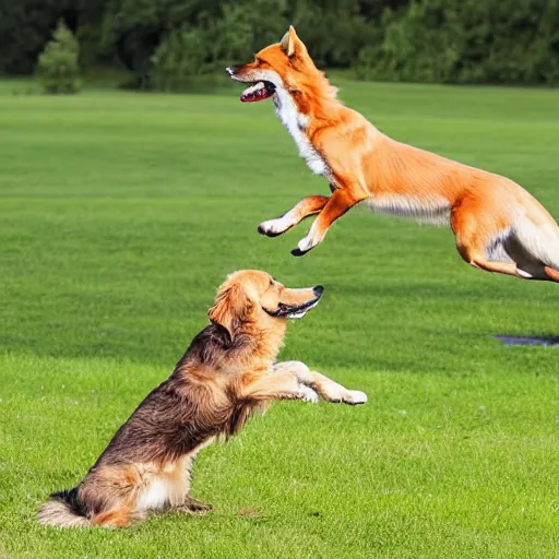 Image similar to fox jumping over a lazy golden retriever