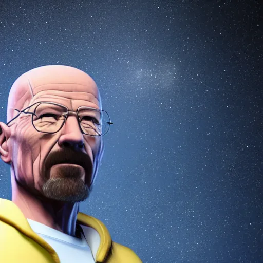 Prompt: 3 d render of walter white wearing shorts in space, 4 k image, space themed, unreal engine