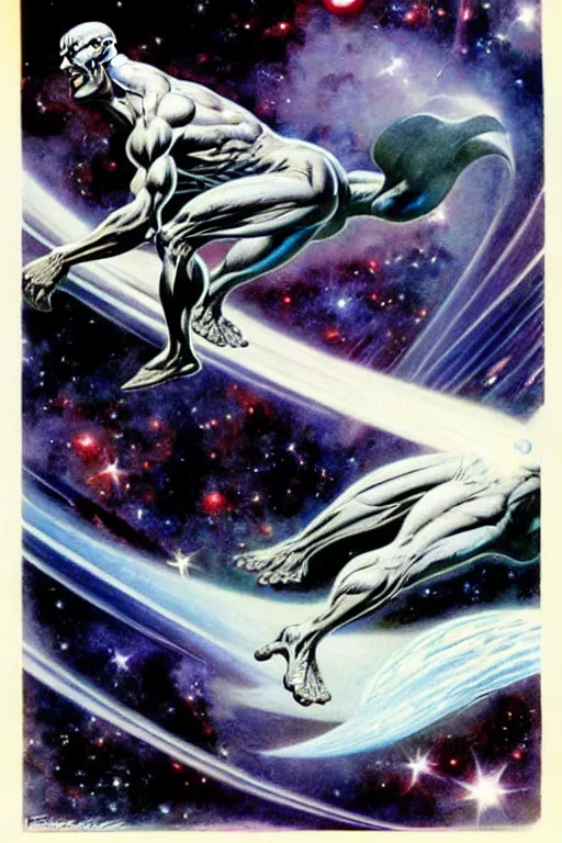 Image similar to Silver Surfer flying through space, by Frank Frazetta