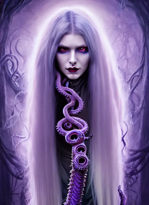 Prompt: beautiful woman with long white hair and purple eyes, blue lips, wearing torn clothes, draped in many limbed steampunk tentacles, intricate, elegant, highly detailed, digital painting, artstation, concept art, smooth, sharp focus, octane render, art by ernst fuchs and ben templesmith