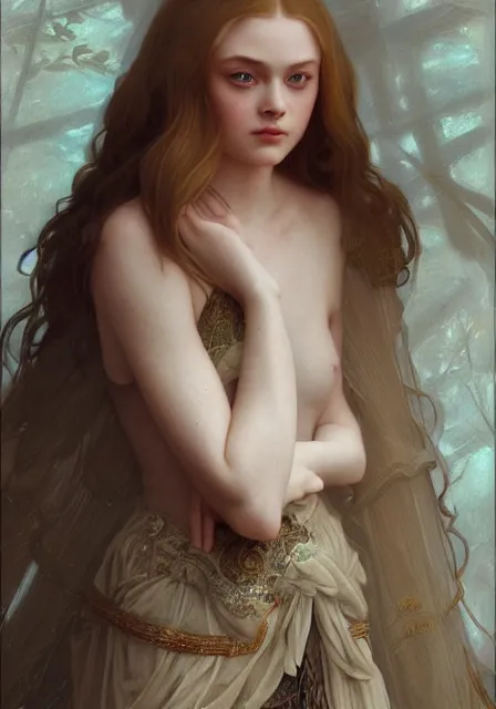 Image similar to sansa elle fanning, intricate, elegant, highly detailed, digital painting, artstation, concept art, smooth, sharp focus, illustration, art by artgerm and greg rutkowski and alphonse mucha and william - adolphe bouguereau