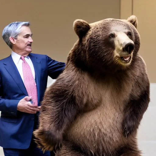Prompt: Jerome Powell talking to a bear