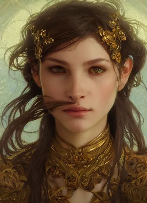 Prompt: portrait of beautiful cute goblin girl, fantasy, D&D, intricate, elegant, highly detailed, digital painting, artstation, concept art, smooth, sharp focus, illustration, art by artgerm and greg rutkowski and alphonse mucha and Gustav Klimt