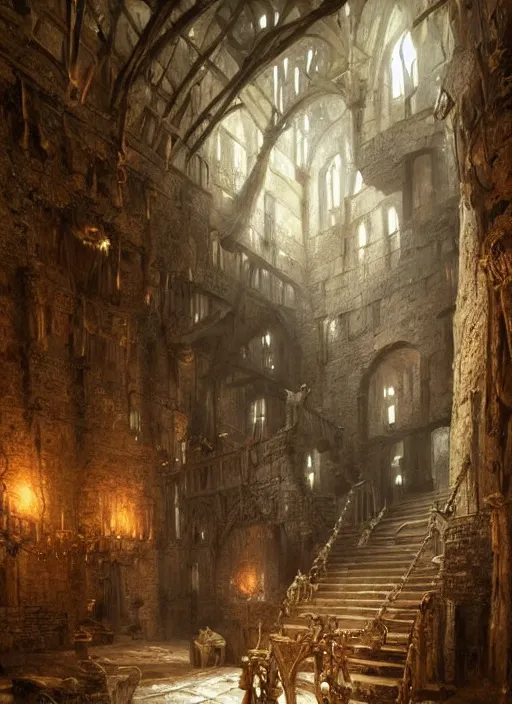 Image similar to detailed interior of medieval dungeon, princess in chains, epic atmosphere, by greg rutkowski, nature by asher brown durand