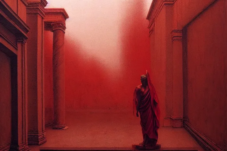 Image similar to only with red, caesar after win war, the deal, a red tiger, in hoc signo vinces, rome in background, an ancient path, in the style of beksinski, part by hopper, part by rodcenko, part by hofbauer, intricate composition, red by caravaggio, insanely quality, highly detailed, masterpiece, red light, artstation