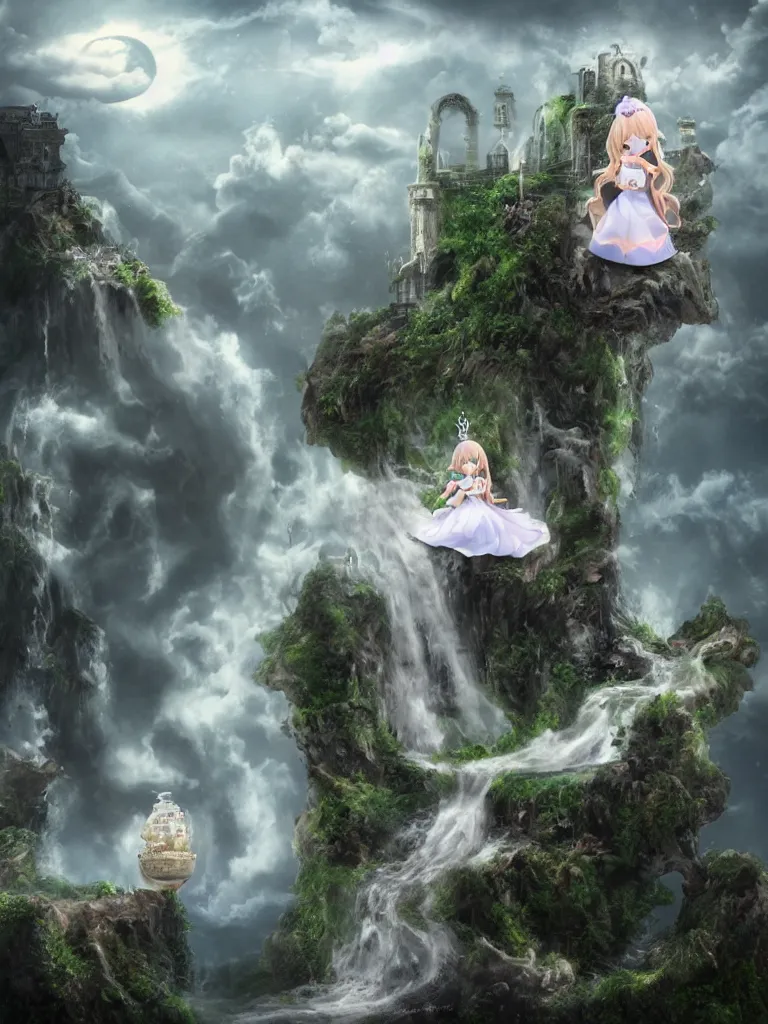 Image similar to cute fumo plush of a princess girl in a tower on a tiny island which she lays sole claim to, selfish empress of the abyss, tempestuous waters and thunderclouds, waterfall, wisps of volumetric smoke and fog, gothic wraith maiden in tattered white dress, floating island, vignette, vray