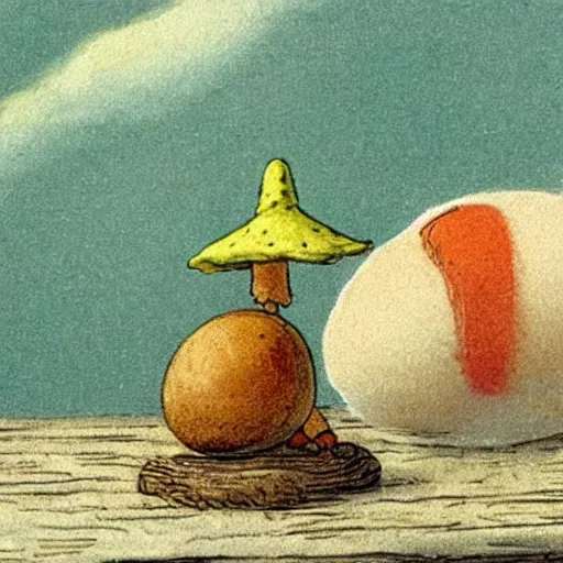 Image similar to toadstool with a ( fried eggs )!! cap. illustration by beatrix potter