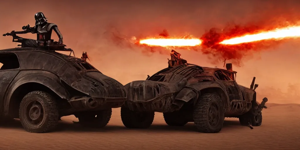 Image similar to Darth Vader standing on a driving post apocalyptic battle car in the desert and weilding a flamethrower, Mad Max Fury Road, sandstorm, fire, realistic, flags, spikes, dust