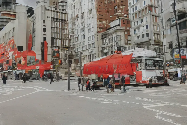 Image similar to red bus LIAZ exterior, backgrond plattenbau, photography, dramatic lighting, colorfull